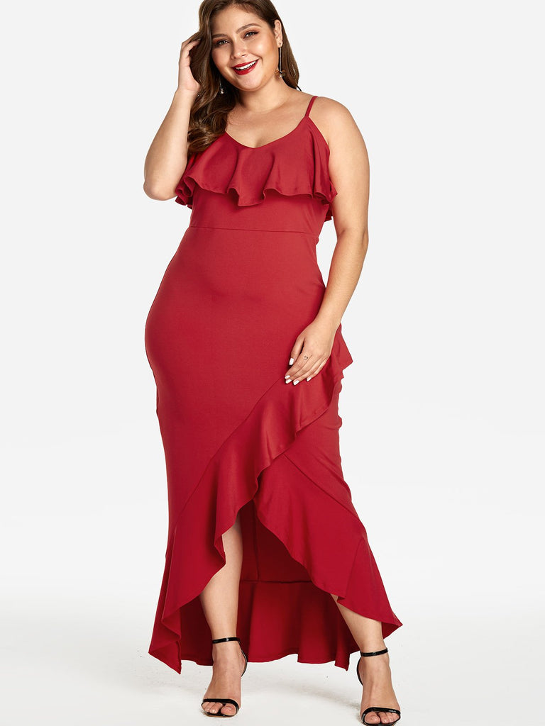 Plain Tiered Ruffle Trim Sleeveless Red Plus Size Dress