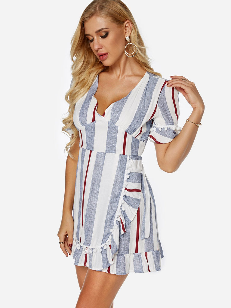 Ladies Striped V-Neck Dresses