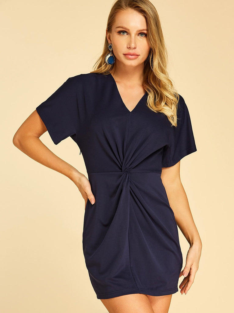 Navy V-Neck Short Sleeve Plain Twist Dresses