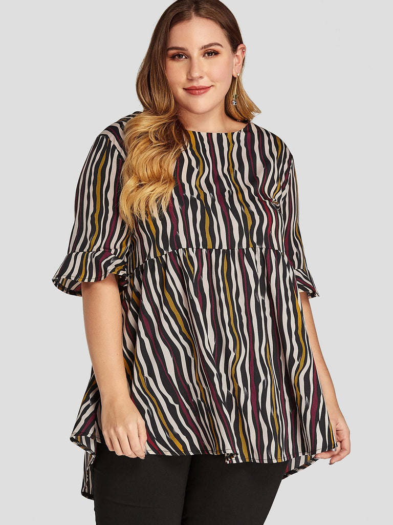 Round Neck Stripe Half Sleeve Plus Size Tops