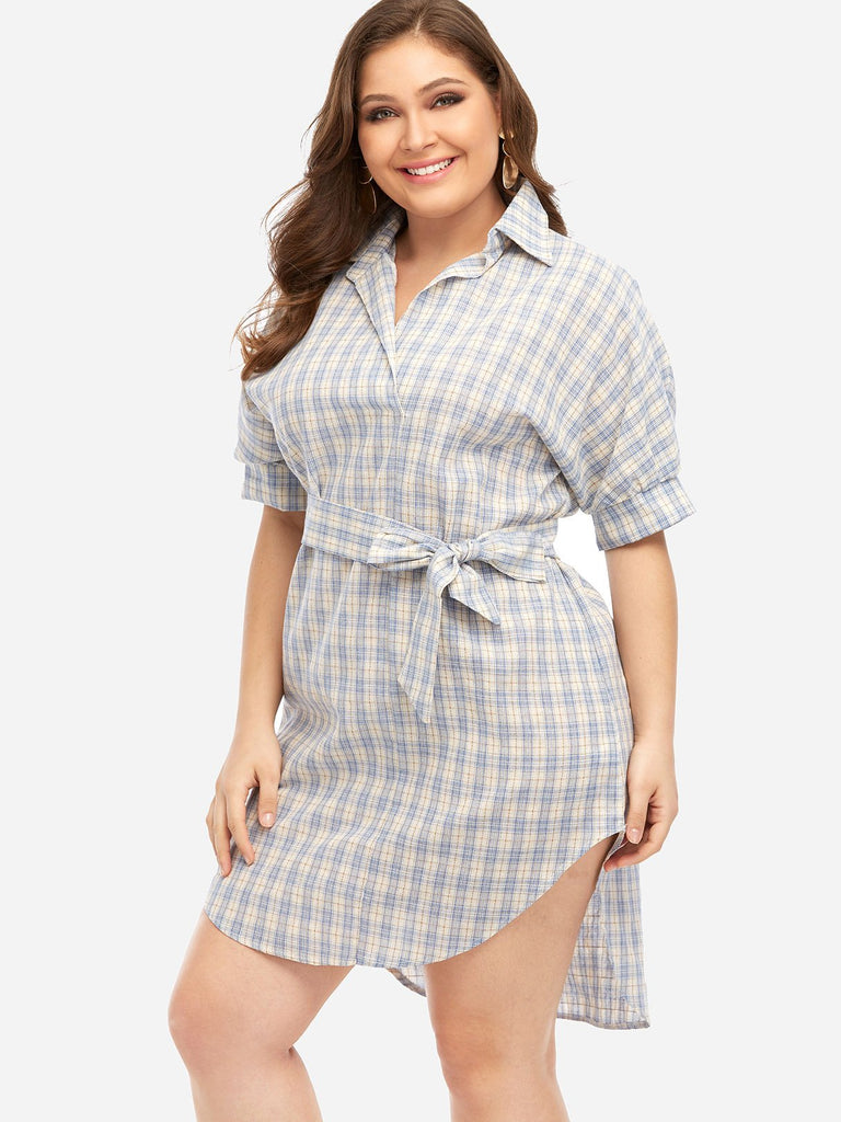 Lapel Collar Grid Self-Tie Half Sleeve Curved Hem Plus Size Dresses