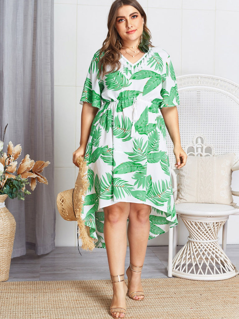 V-Neck Half Sleeve High-Low Hem Green Plus Size Dress