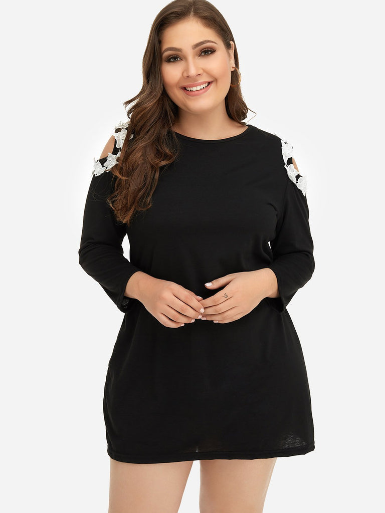 Round Neck Cold Shoulder Plain Cut Out Long Sleeve Black Plus Size Dress