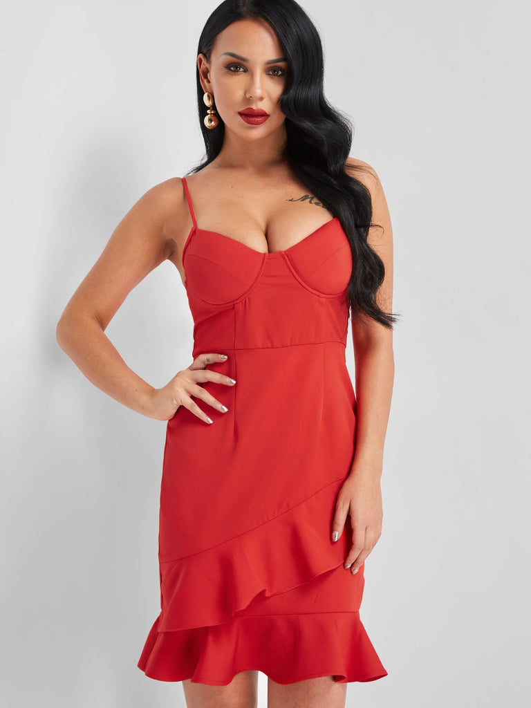 Red V-Neck Sleeveless Plain Backless Spaghetti Strap Ruffle Hem Sexy Dresses