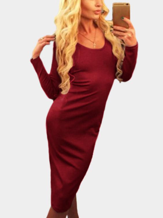 Burgundy Round Neck Long Sleeve Lace-Up Sexy Dresses