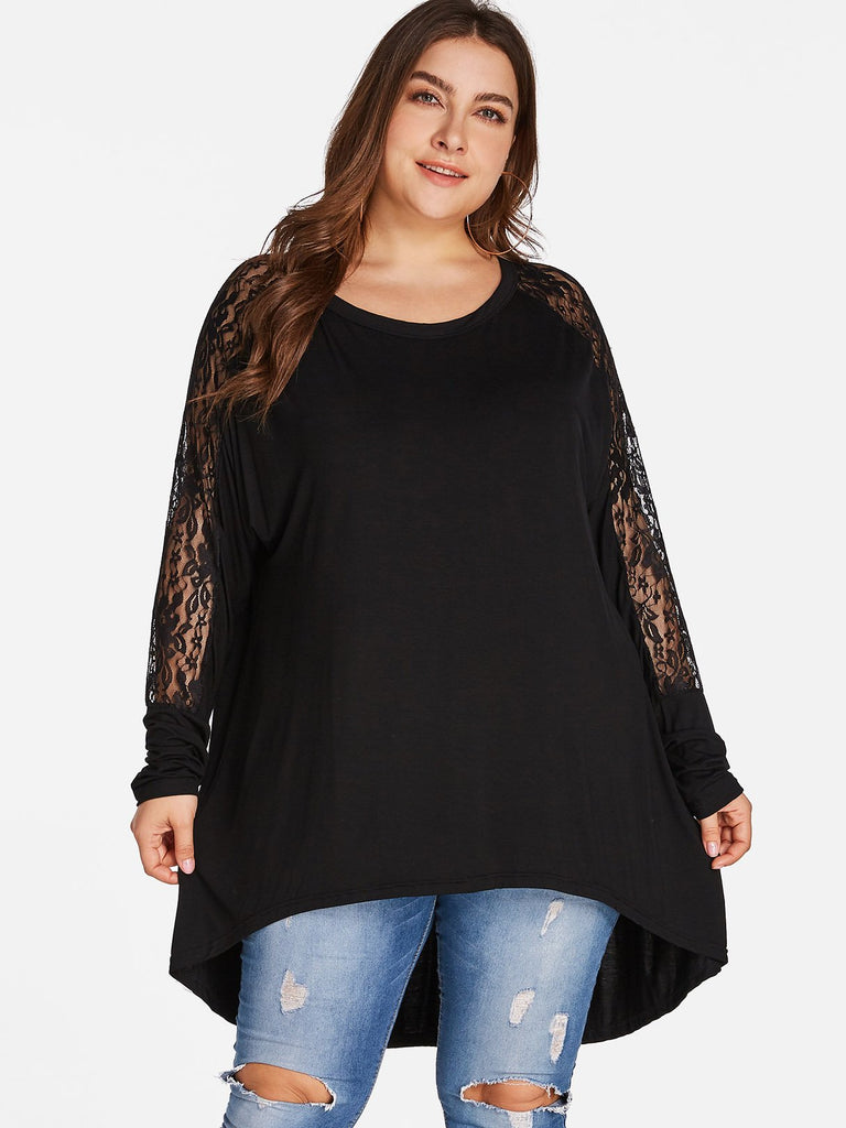 Round Neck Plain Lace Long Sleeve Black Plus Size Tops