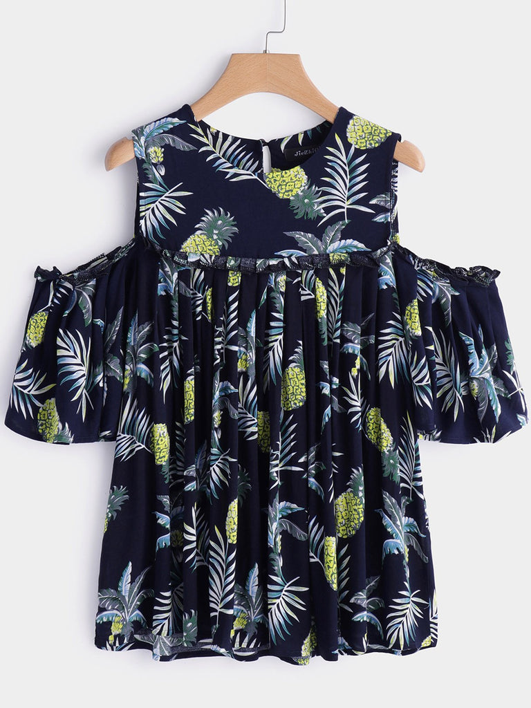 Round Neck Floral Print Pleated Half Sleeve Flounced Hem Plus Size Tops