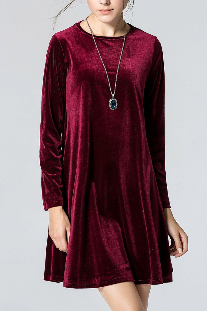 Burgundy Crew Neck Long Sleeve Flounced Hem Casual Dress