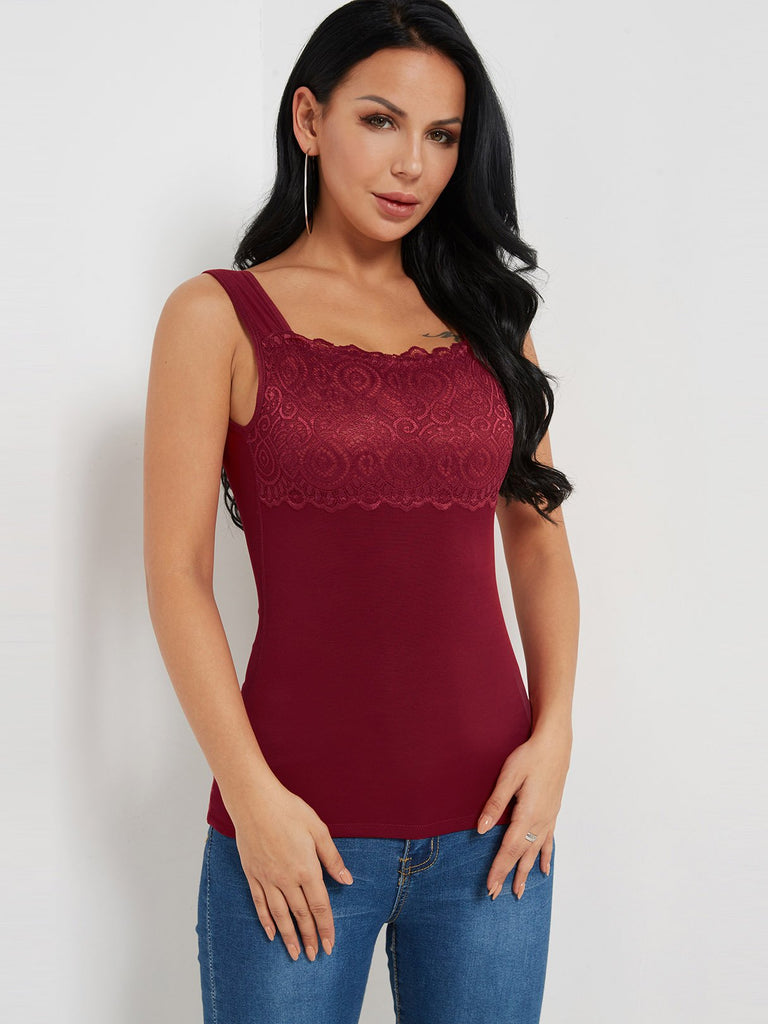 Scoop Neck Plain Lace Sleeveless Burgundy Tank Top