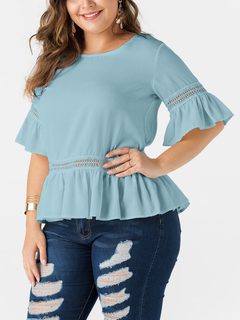 Round Neck Lace Cut Out Half Sleeve Flounced Hem Plus Size Tops