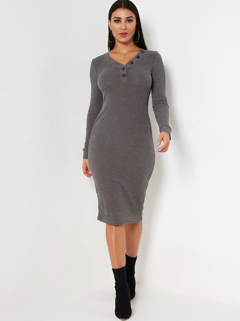 Grey V-Neck Long Sleeve Plain Dresses