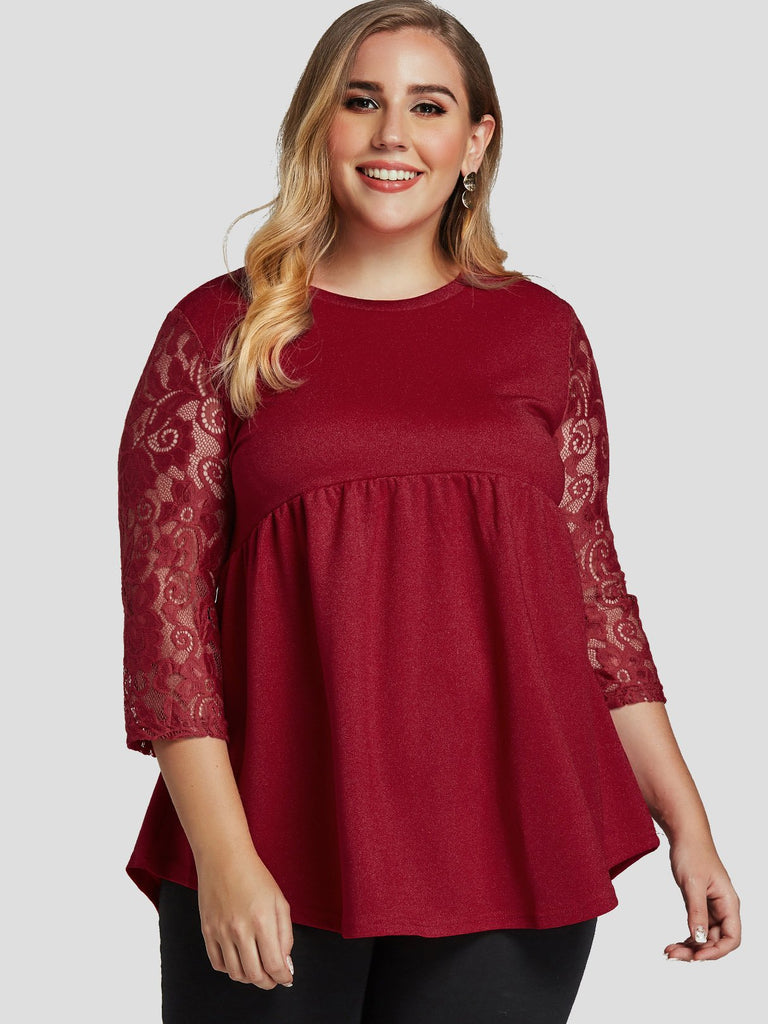 Round Neck Plain Lace Long Sleeve Flounced Hem Red Plus Size Tops