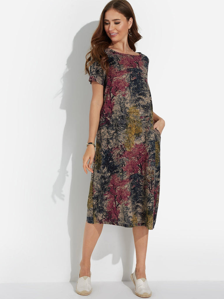 Red Round Neck Short Sleeve Floral Print Midi Dress