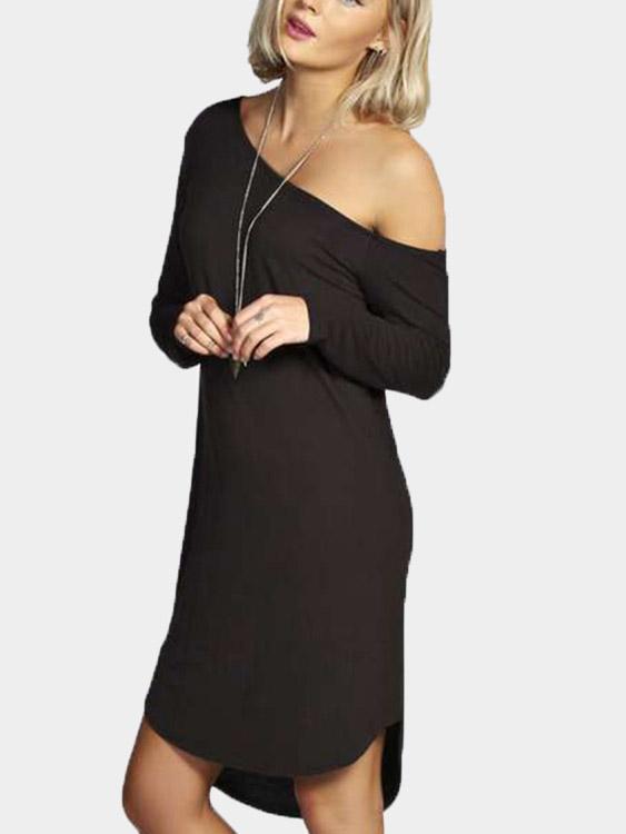 Black One Shoulder Long Sleeve Curved Hem Mini Dress