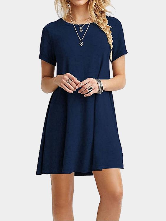 Round Neck Short Sleeve Plain Mini Dresses