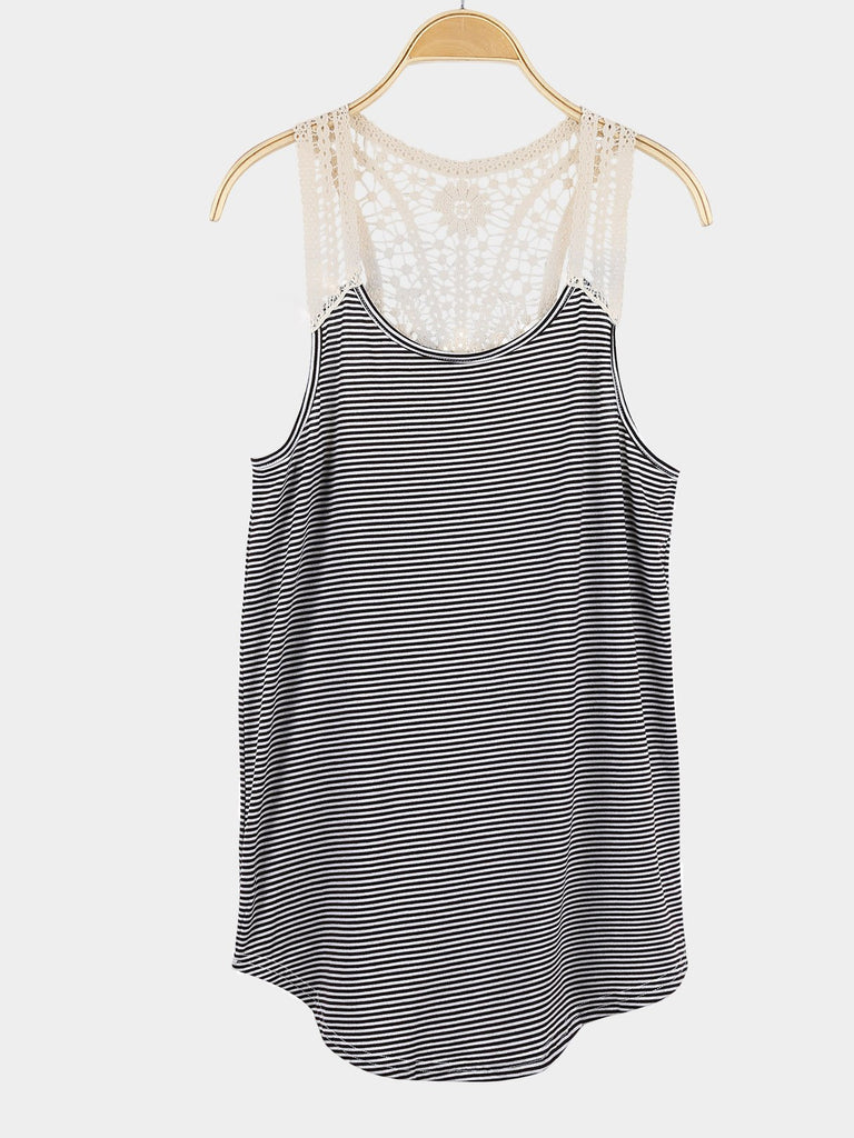 Stripe Pattern Round Neck Crochet Lace Tank Top