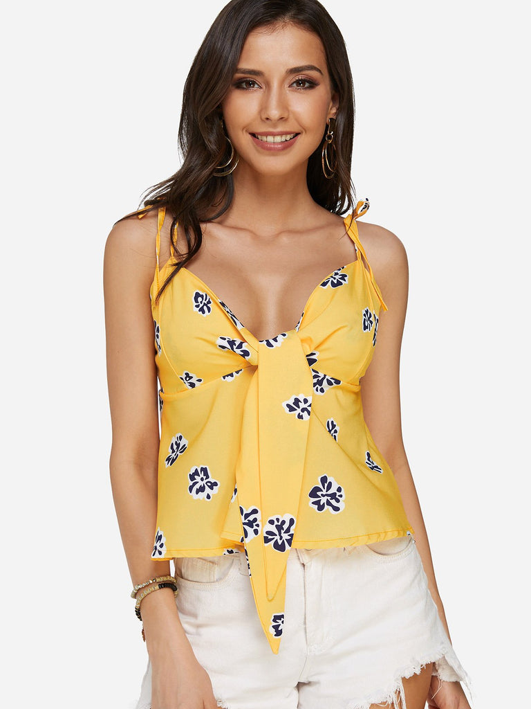 V-Neck Floral Print Spaghetti Strap Sleeveless Yellow Camis