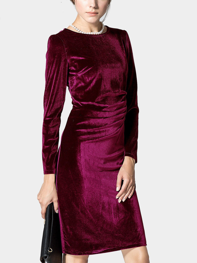 Burgundy Round Neck Long Sleeve Sexy Dress