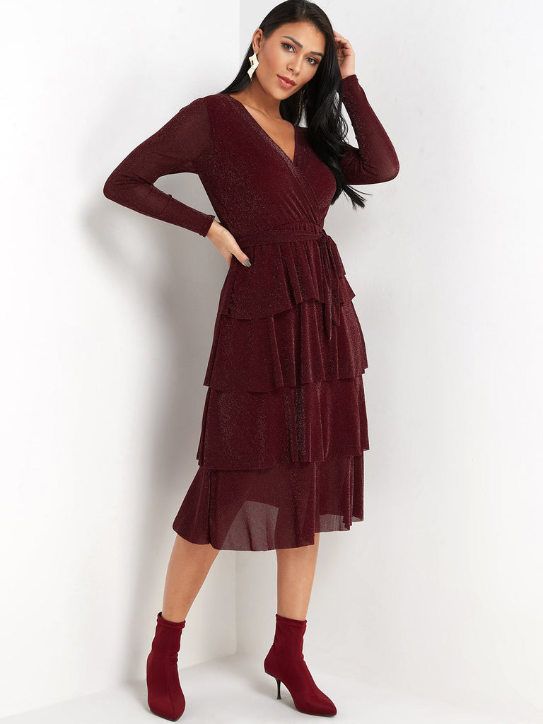 V-Neck Belt Wrap Long Sleeve Burgundy Sexy Dresses