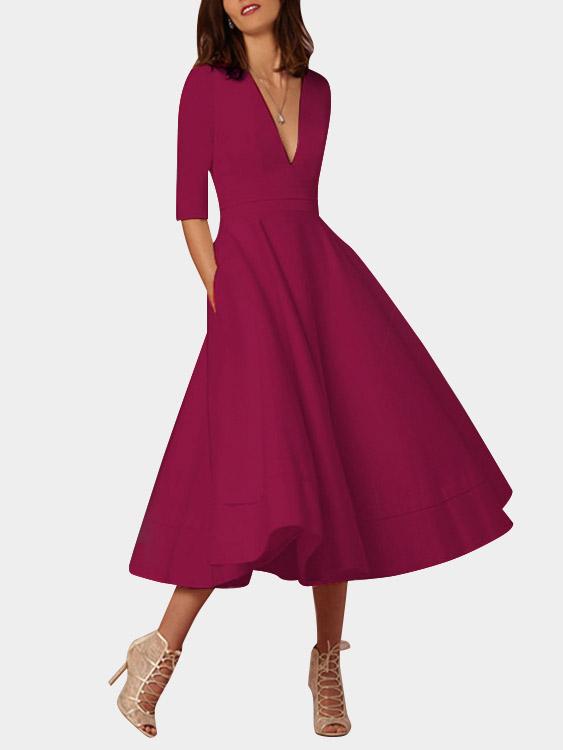 Womens Burgundy V-Neck Dresses