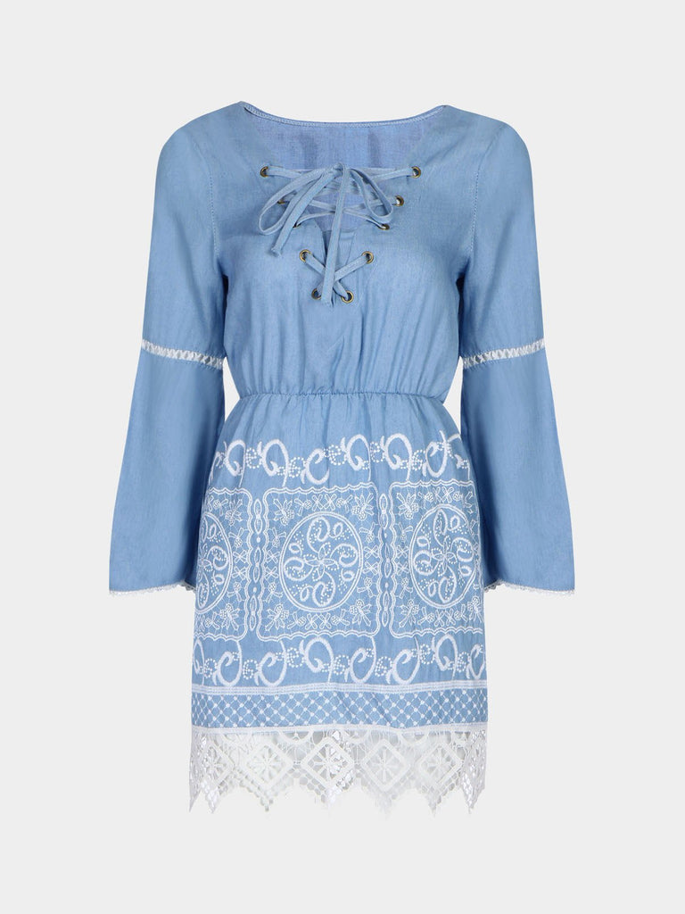 Blue Round Neck Long Sleeve Lace Casual Dresses