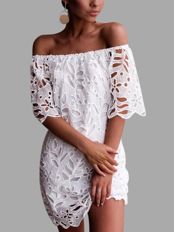 White Off The Shoulder Half Sleeve Plain Lace Tiered Dresses