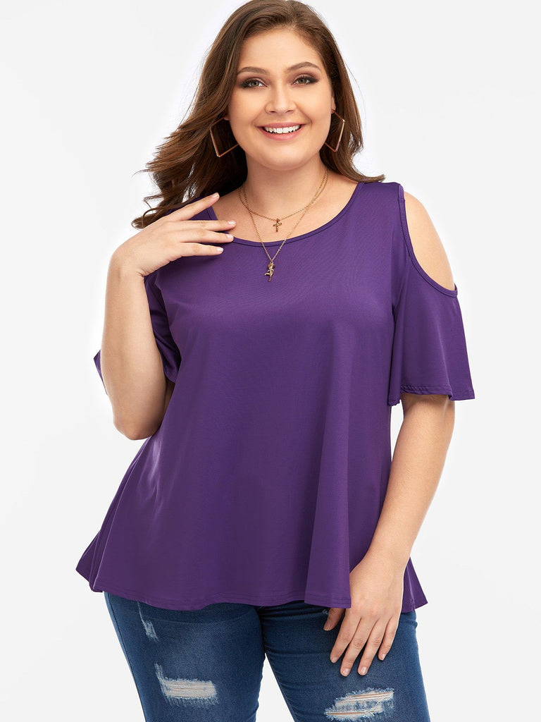 Plus Size Round Neck Plain Short Sleeve Tops