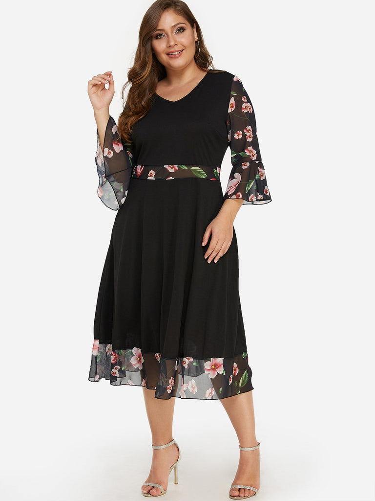 V-Neck Floral Print Long Sleeve Flounced Hem Plus Size Dresses