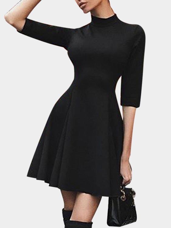 Black Perkins Collar 3/4 Length Sleeve Zip Back Ruffle Hem High-Waisted Sexy Dress