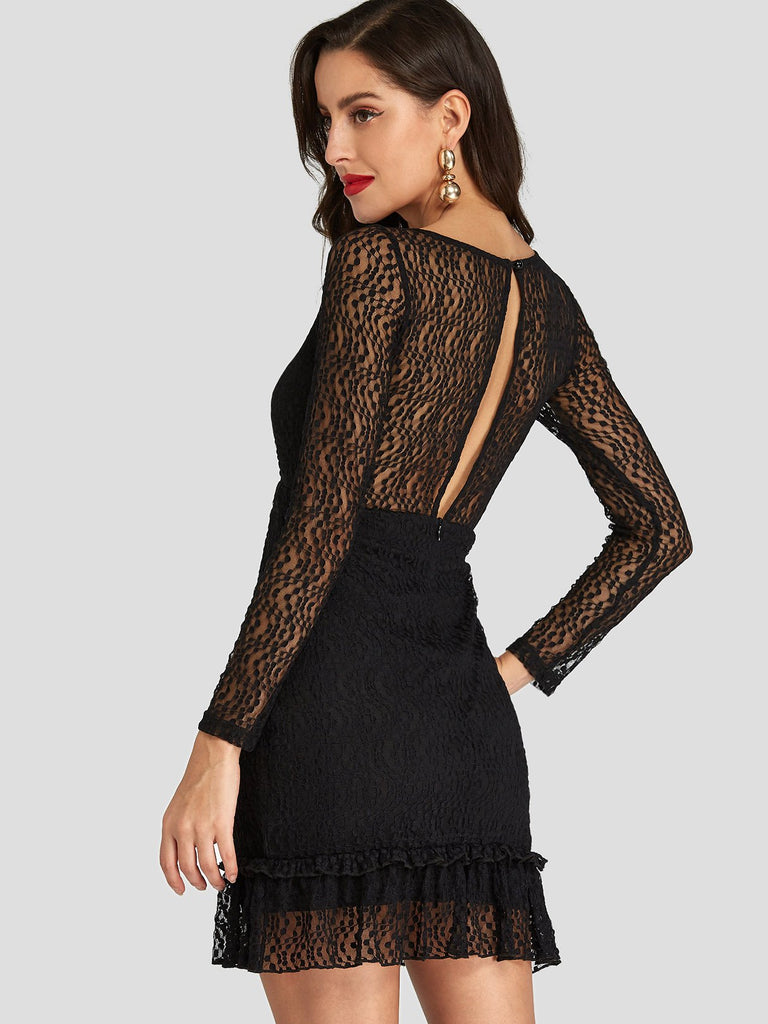 Black Scoop Neck Long Sleeve Sheer Lace Backless Ruffle Hem Sexy Dresses