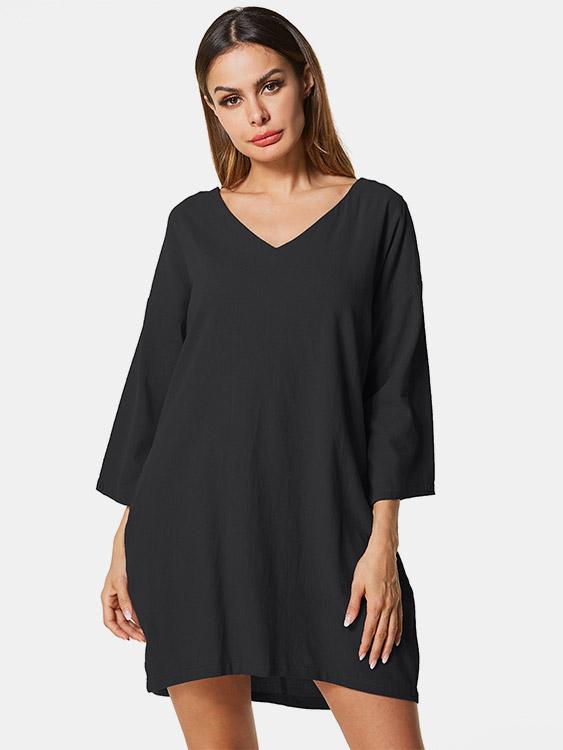 V-Neck Long Sleeve Plain Side Pockets Dresses