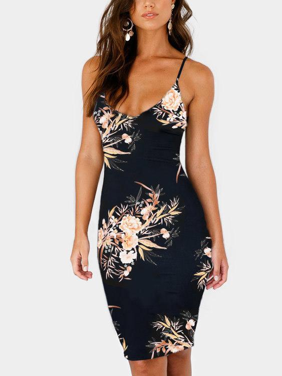 Halter V-Neck Sleeveless Floral Print Backless Black Sexy Dresses