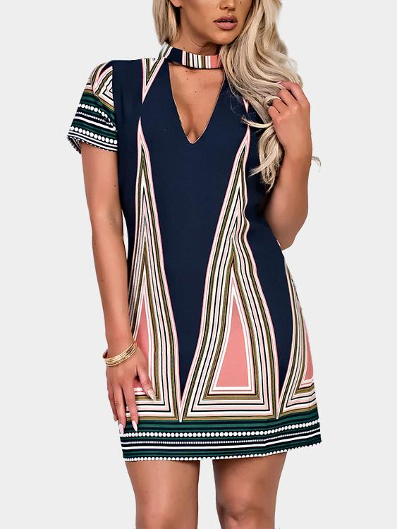 V-Neck Geo Print Mini Dresses