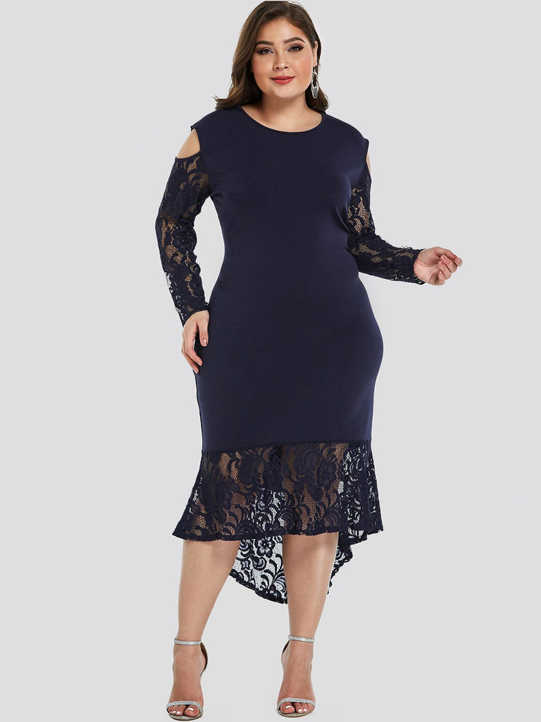 Round Neck Cold Shoulder Plain Lace Long Sleeve High-Low Hem Plus Size Dress