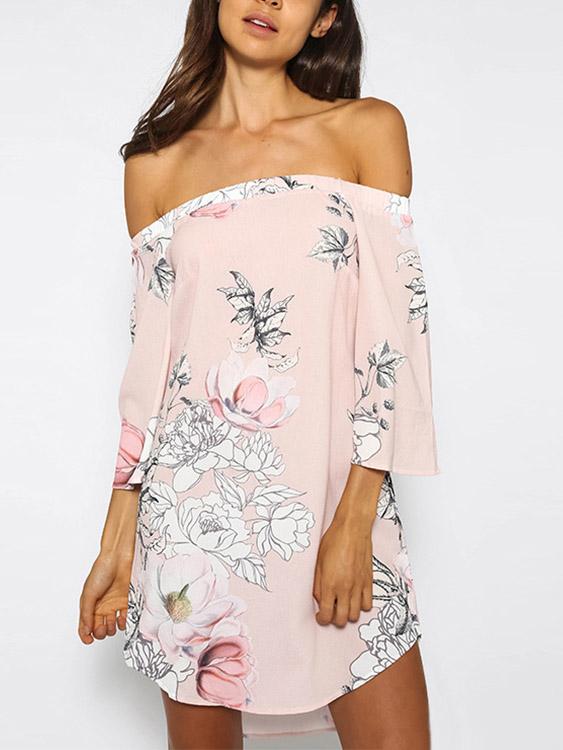 White Off The Shoulder 3/4 Sleeve Length Floral Print Curved Hem Dresses