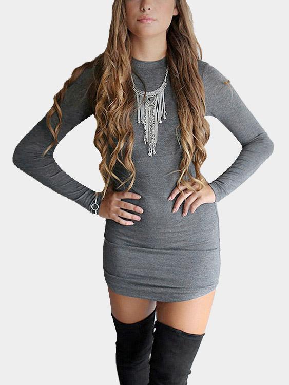 Dark Grey Crew Neck Long Sleeve Plain Bodycon Dresses