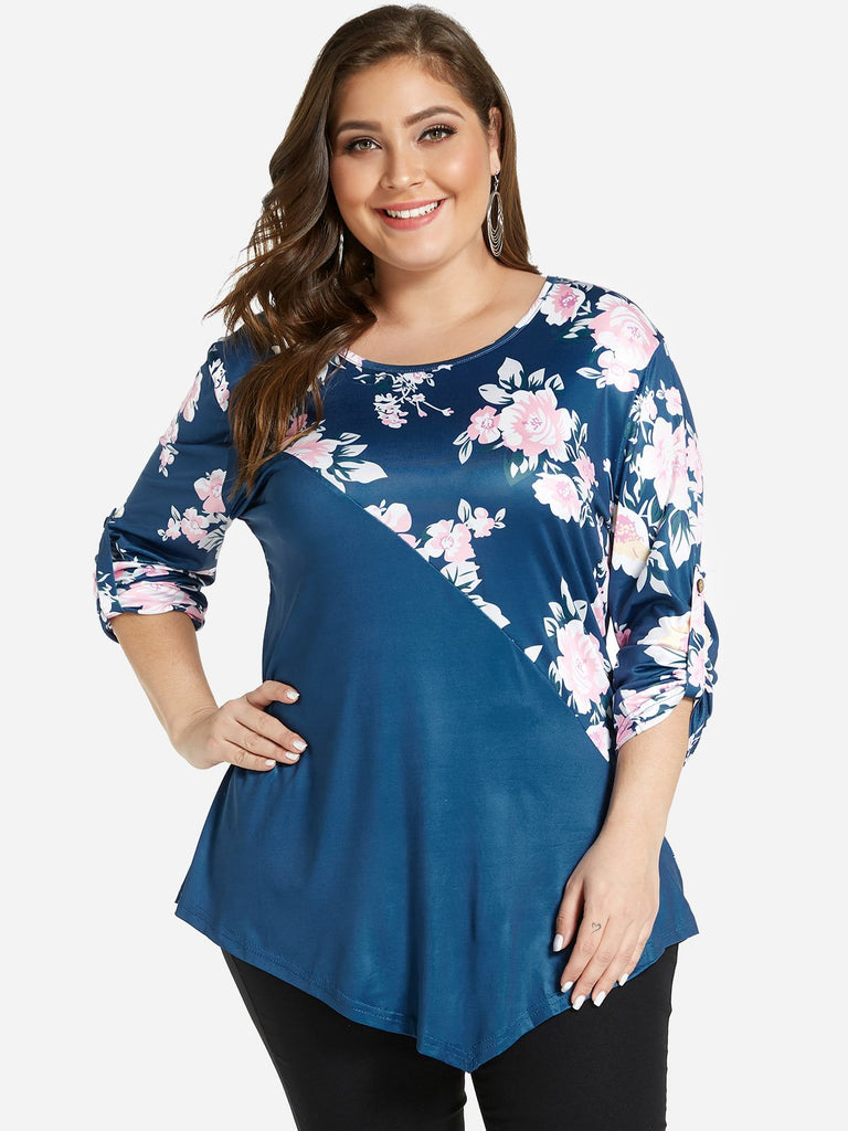 Round Neck Long Sleeve Handkerchief Hem Blue Plus Size Tops