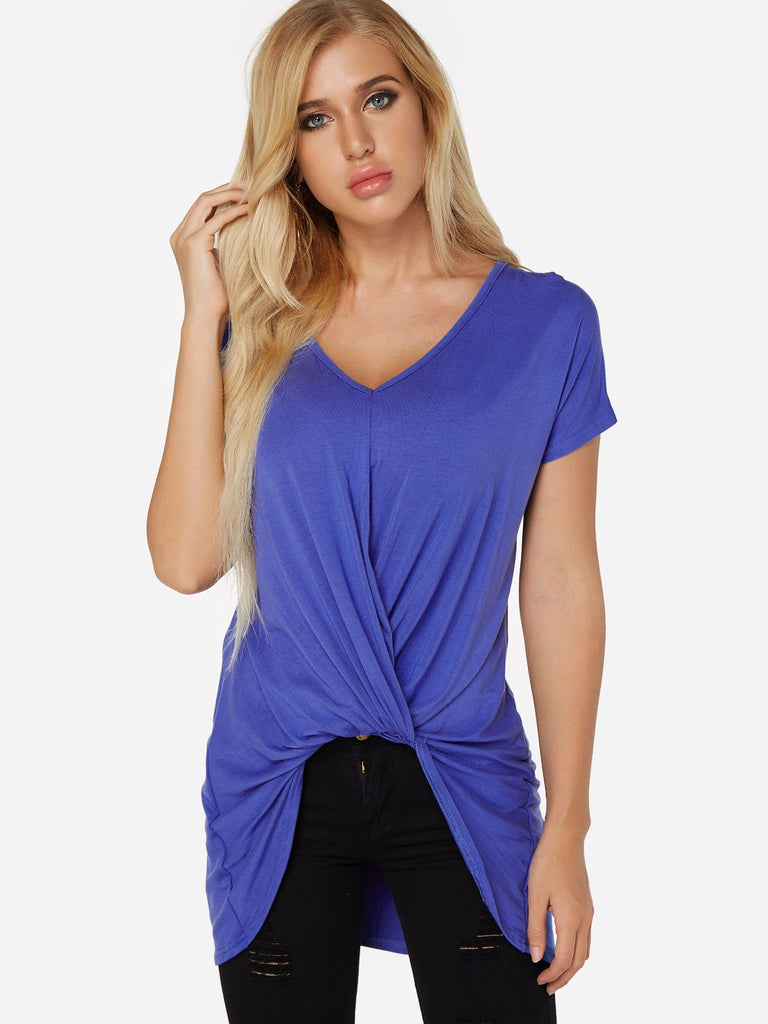 V-Neck Plain Crossed Front Short Sleeve Irregular Hem T-Shirts