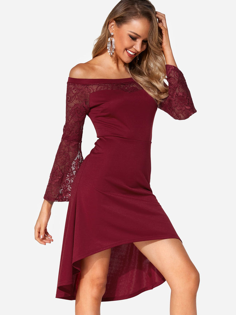 Burgundy Off The Shoulder Long Sleeve Lace High-Low Hem Sexy Dresses