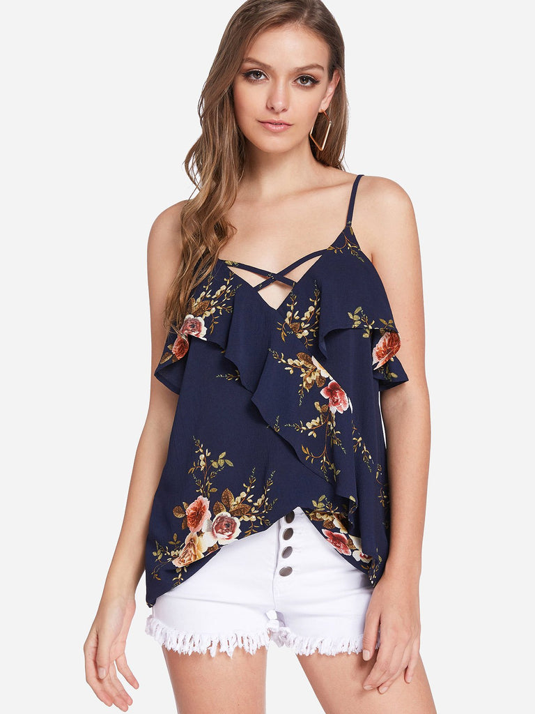 V-Neck Floral Print Crossed Front Backless Spaghetti Strap Sleeveless Flounced Hem Navy Camis