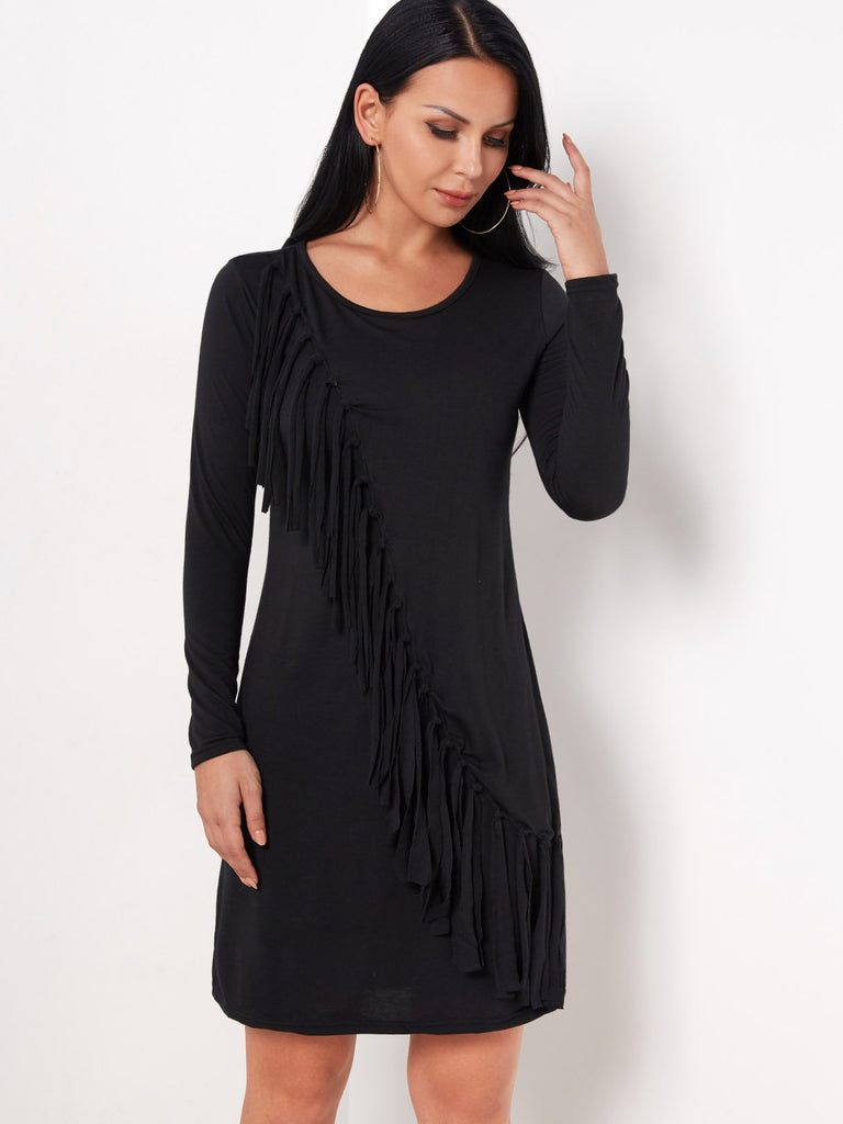 Black Round Neck Long Sleeve Plain Tassel Sexy Dress