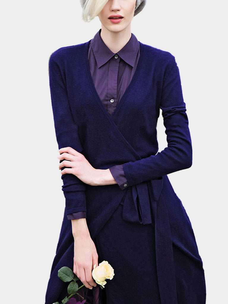 Navy V-Neck Long Sleeve Plain Wrap Sexy Dress