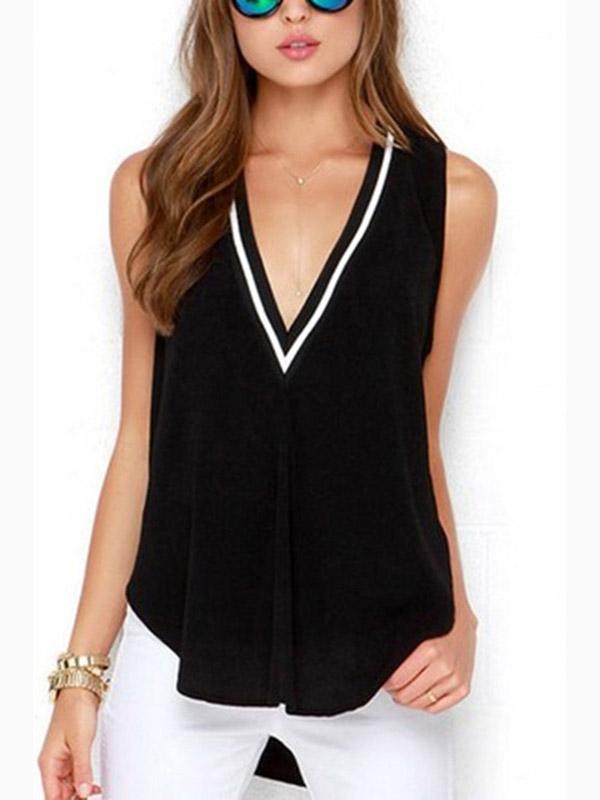 Deep V Neck Plain Sleeveless Irregular Hem Black Tank Top