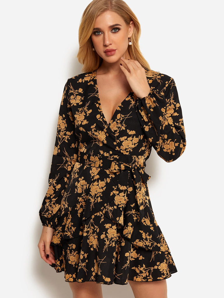 V-Neck Long Sleeve Floral Print Self-Tie Mini Dress