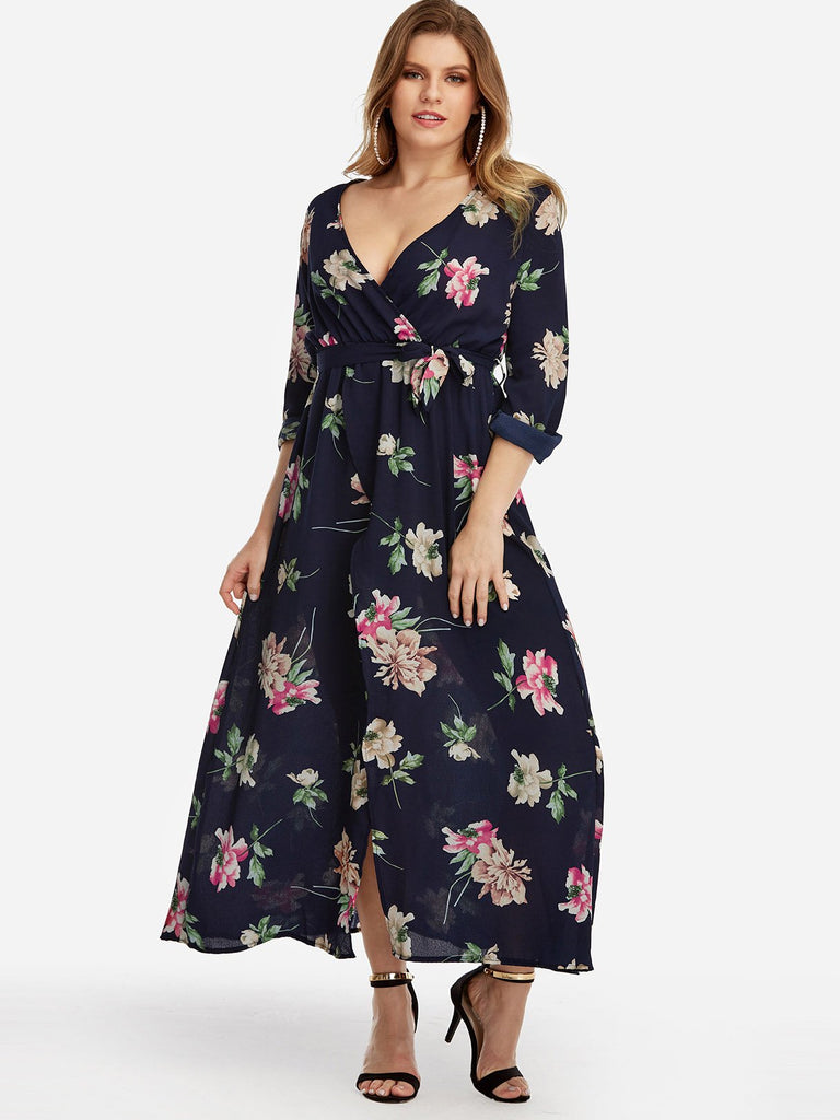 Deep V Neck Floral Print Self-Tie Long Sleeve Slit Hem Navy Plus Size Maxi Dresses