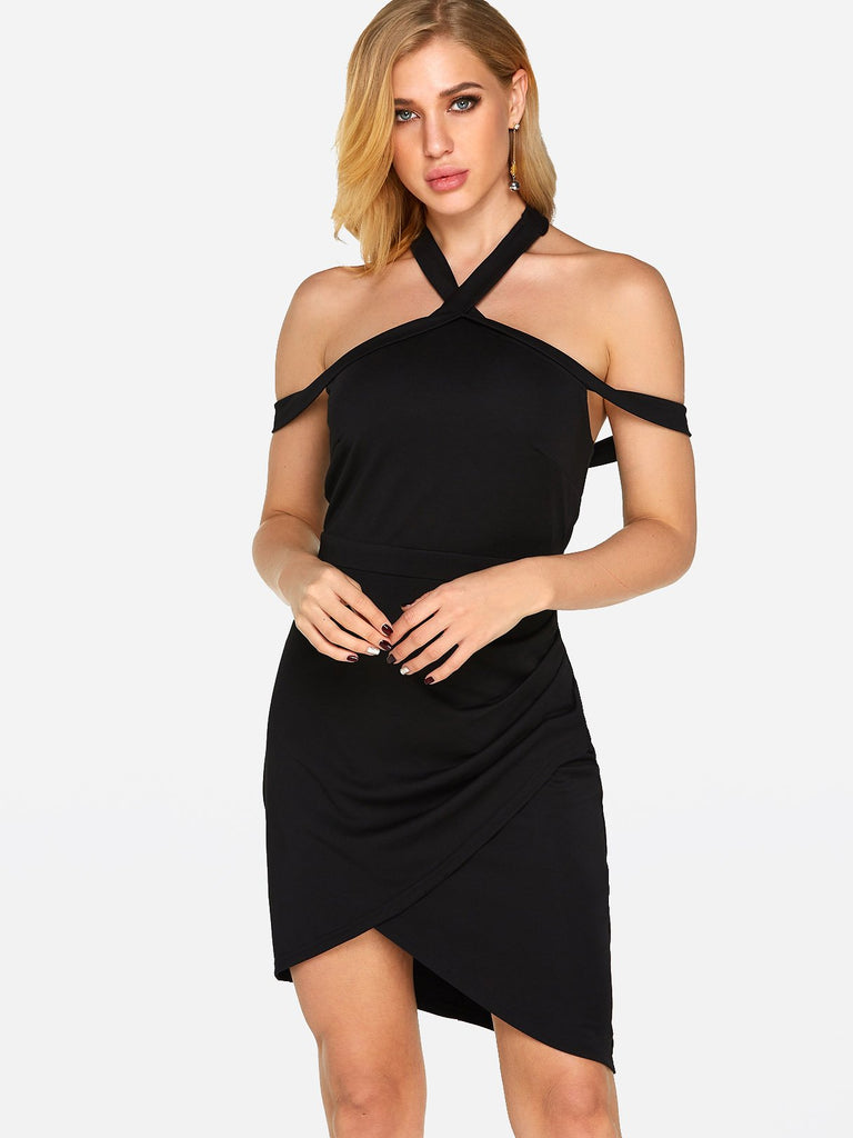 Black Halter Sleeveless Zip Back Backless Sexy Dresses