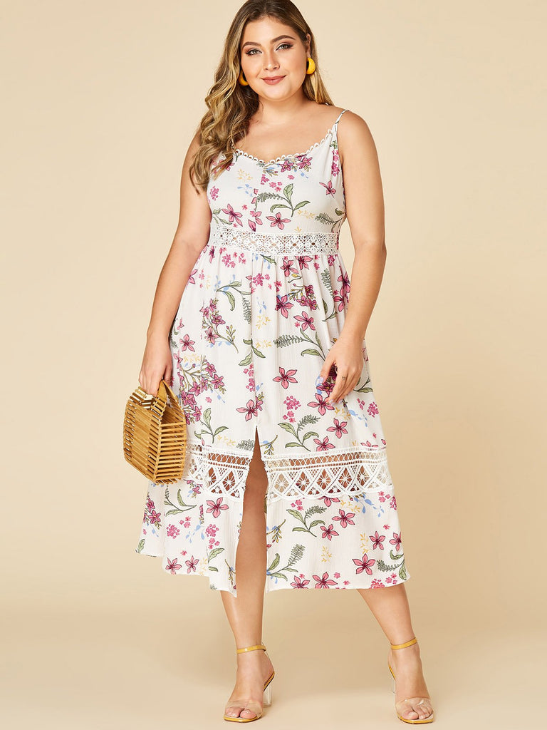 V-Neck Floral Print Hollow Sleeveless Slit Hem White Plus Size Dress