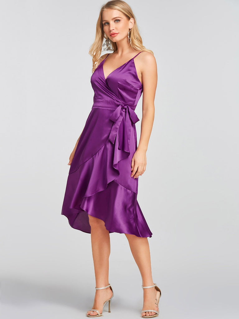 Purple Deep V Neck Sleeveless Self-Tie Flounced Hem Dresses