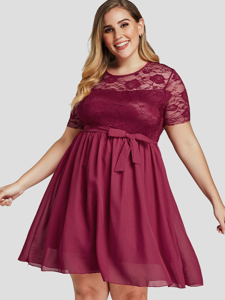 Round Neck Lace See Through Self-Tie Short Sleeve Flounced Hem Plus Size Dress