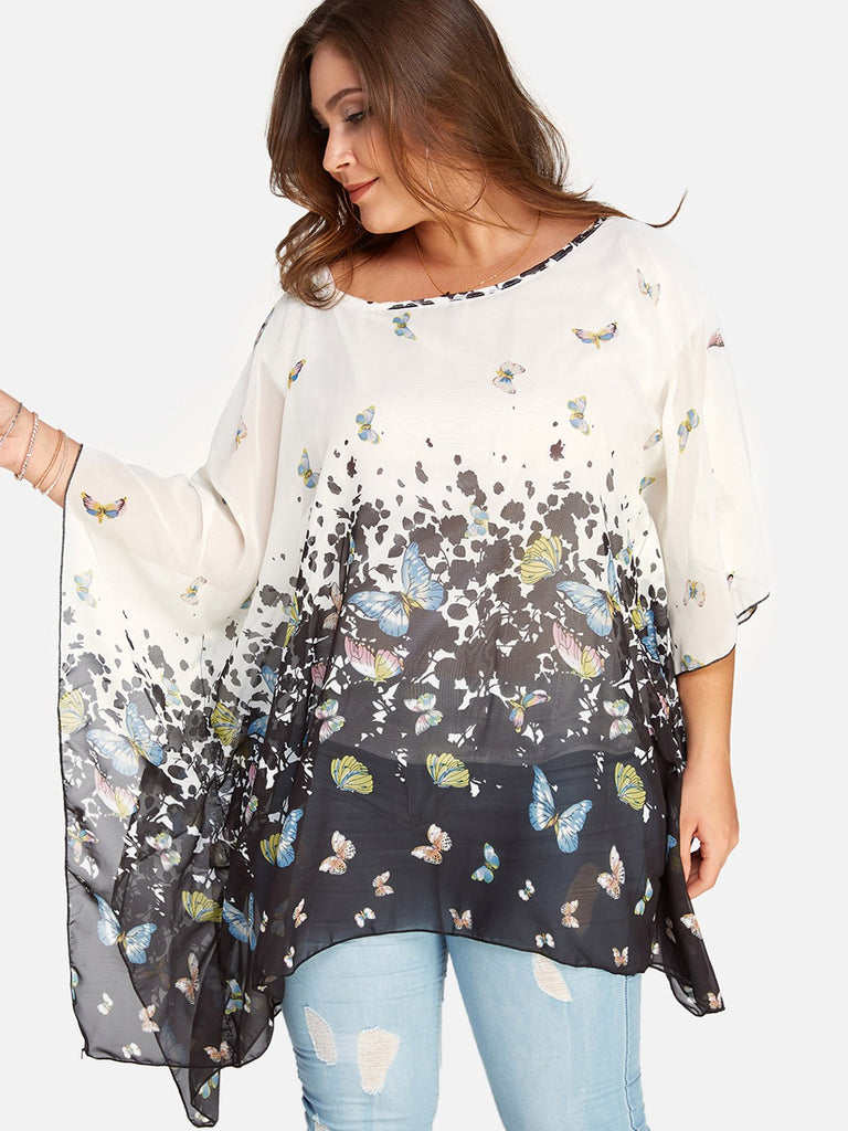 Round Neck Printed Long Sleeve Irregular Hem White Plus Size Tops